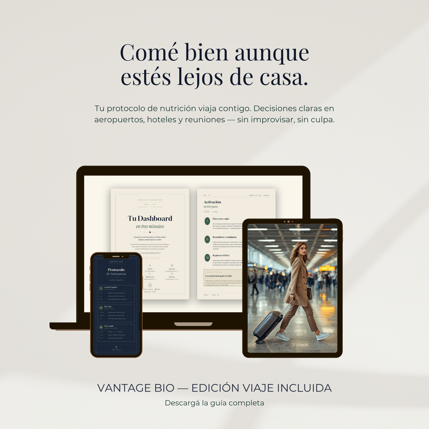 Protocolo de nutrición para ejecutivas en viaje — Dashboard y guía de emergencia Vantage Bio